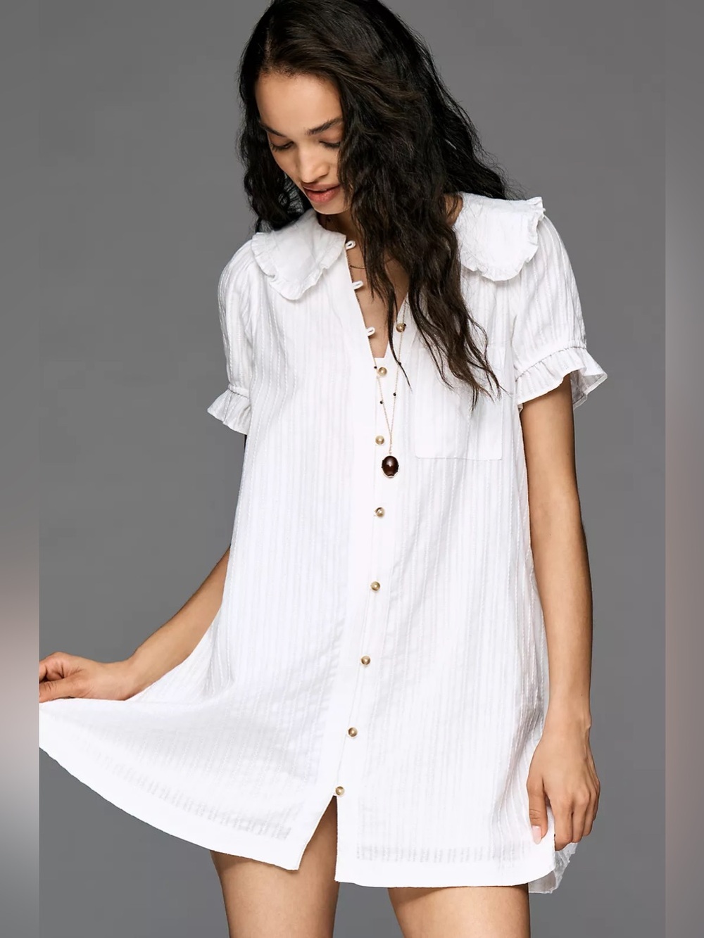 Pilcro Keira Mini Dress White Button-Front Dress with Peter Pan Collar